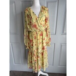 Lauren Ralph Lauren Butter Yellow‎ Floral Tiered Dress Sz 14 Cottagecore Fairy